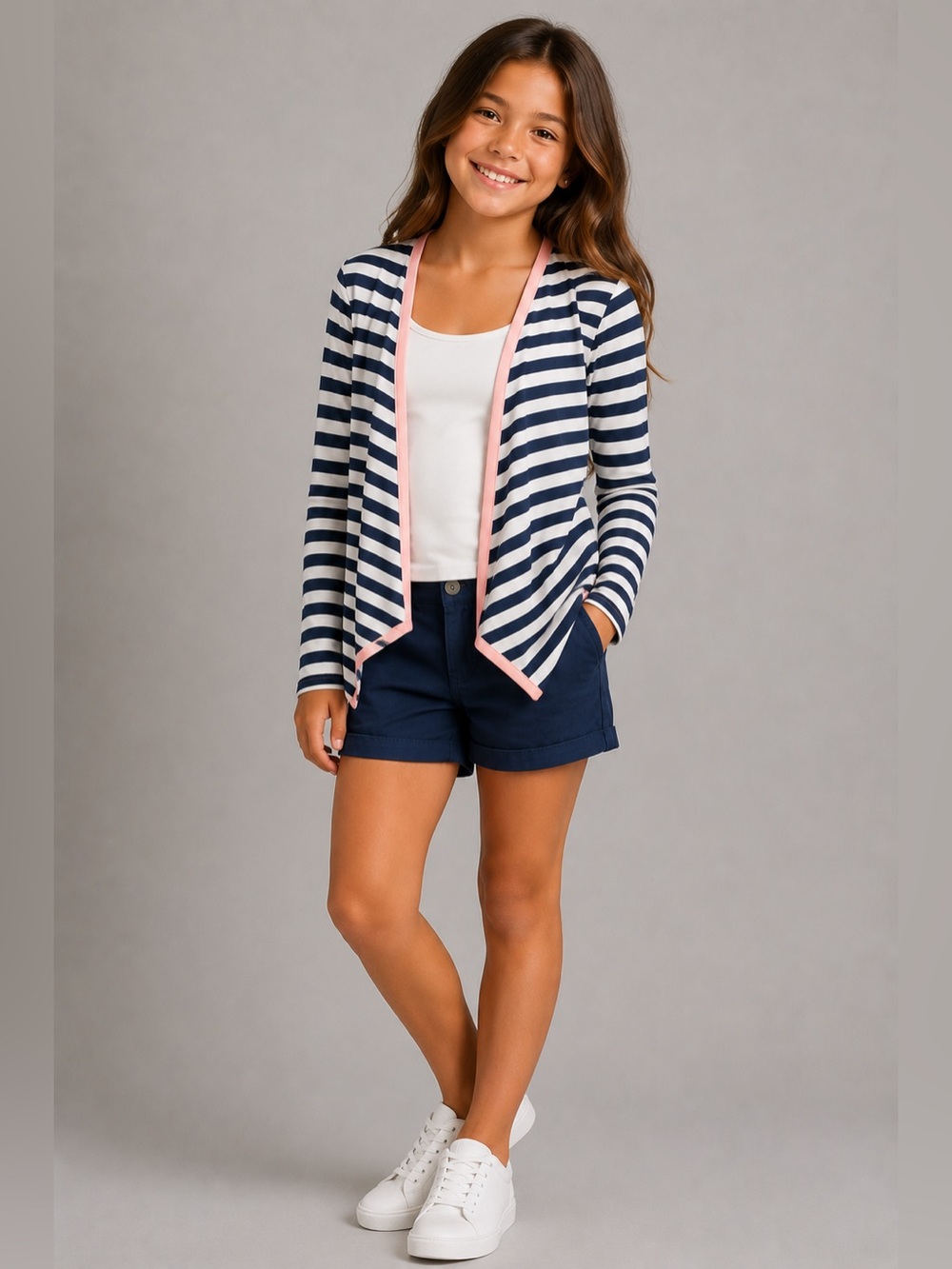 BTWEEN Tween Age Navy and White Wrap Top with Pink Trim